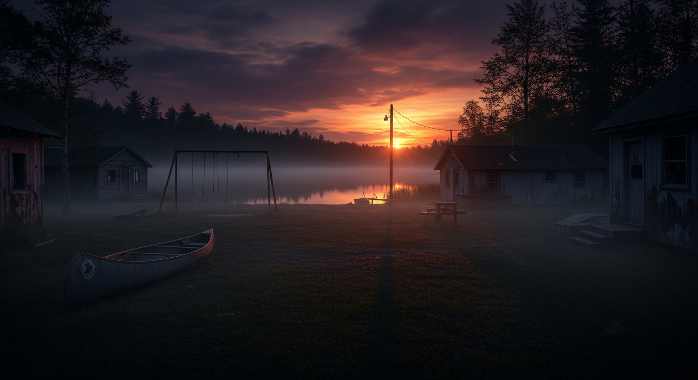 An eerie, atmospheric image of a deserted summer camp at dusk. Shadows are long, the lake is still and dark, and cabins appear abandoned. A subtle fog hangs in the air, creating a sense of foreboding and isolation, without showing any overt gore or monster.