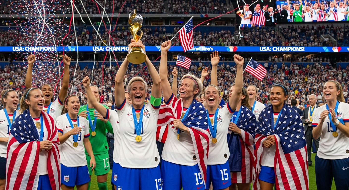 An inspiring image of the US Women's National Team celebrating a World Cup victory, with a diverse crowd cheering them on in a packed stadium. Focus on joy, patriotism, and the strength of female athletes.
