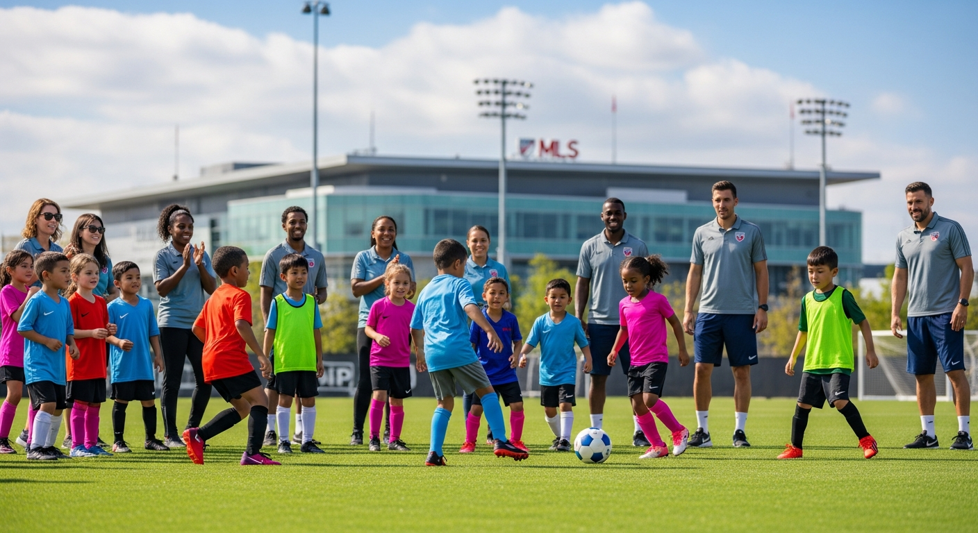 A vibrant, modern image showcasing youth soccer in America. Include diverse kids playing on a sunny field, with parents and coaches watching. In the background, subtly hint at a growing MLS stadium or professional training facility, symbolizing the pathway from grassroots to professional.