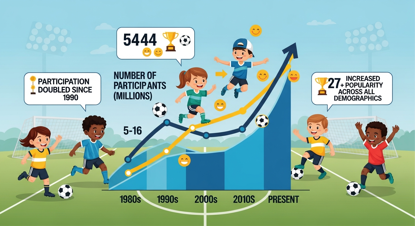 An infographic showing the growth of youth soccer participation in the United States over the past few decades, with positive trends and smiling diverse children playing soccer.