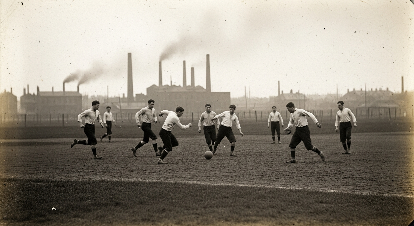 A vintage photograph from the early 20th century depicting an American 'soccer' team, possibly from an immigrant community or industrial town, playing on a rustic field, perhaps with old factories in the background.