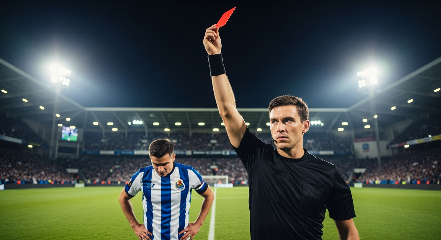 A soccer referee holding up a red card, with a surprised or disappointed player in the background. The stadium lights are bright, and the scene is dramatic, capturing a moment of intense tension. The atmosphere is electric.