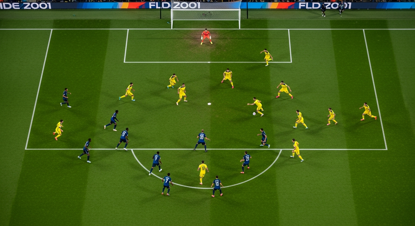 An aerial view of a soccer field during a match, showing one team with a clear numerical disadvantage (e.g., 10 players visible in a defensive shape against 11 attackers). The tactical challenge is evident, with players working harder to cover space. The image should convey resilience and teamwork.