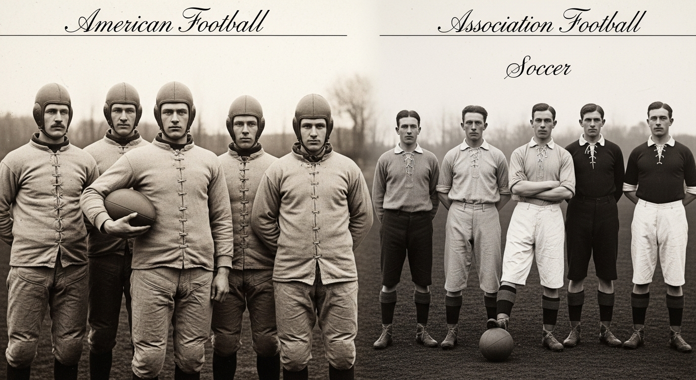 A vintage illustration or photograph depicting early American college football players (with their distinct uniforms and egg-shaped ball) alongside early 'association football' players (with their round ball), clearly showing the difference between the two sports in the late 19th or early 20th century.
