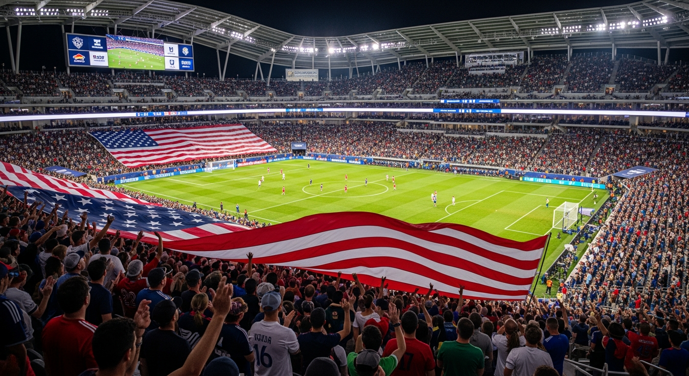 A vibrant, modern stadium filled to capacity with diverse fans cheering excitedly during a professional soccer (association football) match in the United States, with an American flag prominently displayed, symbolizing the sport's growing popularity and national acceptance.