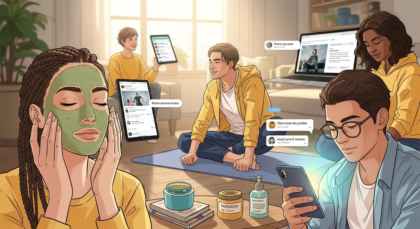 A diverse group of young adults, some looking at smartphones, others engaged in self-care routines like applying face masks or doing light exercises. The background is a blend of digital interfaces and a warm, inviting home setting, symbolizing the intersection of online influence and personal improvement. Use a soft, hopeful light.