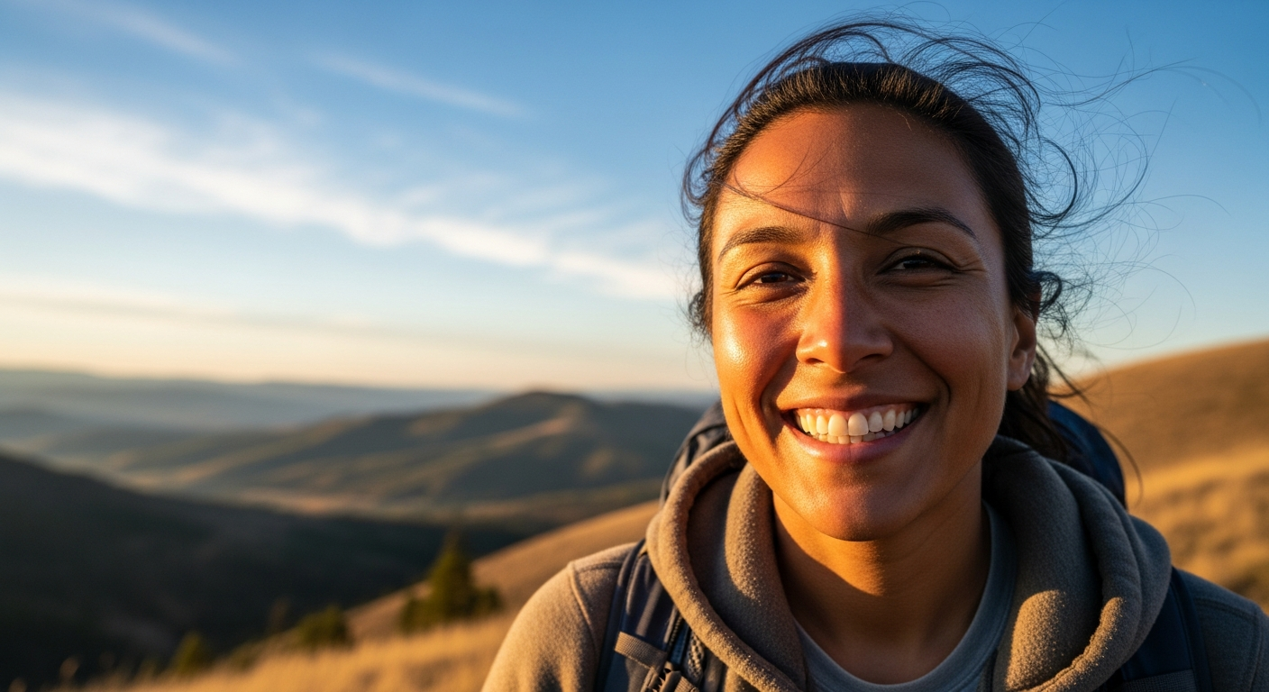 An inspiring image depicting a balanced approach to self-improvement: a person smiling genuinely, perhaps after a hike in a beautiful American natural landscape, or engaged in a fulfilling community activity. Emphasize warmth, authenticity, and inner strength, with a subtle patriotic feel (e.g., distant rolling hills, clear blue sky). The person looks healthy and content, not overly posed.