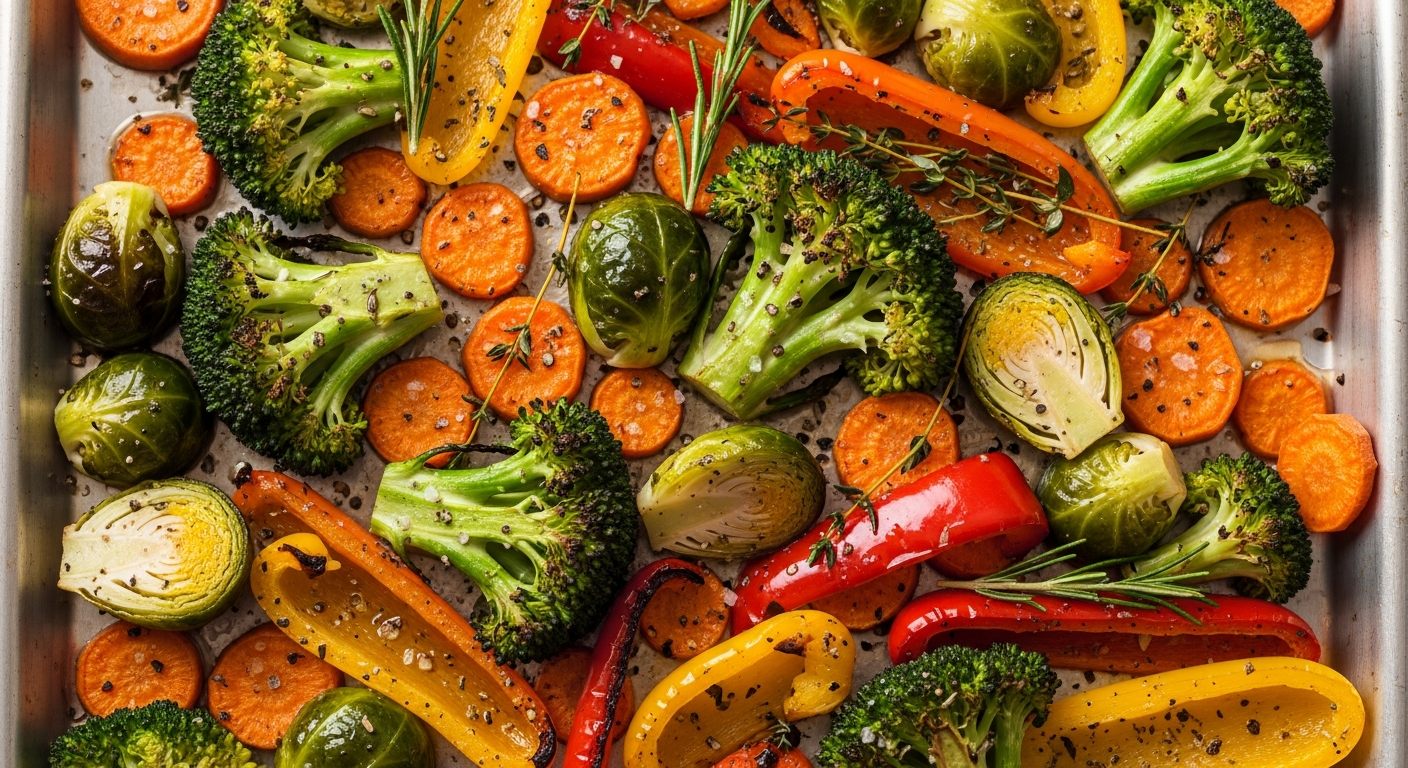 A vibrant, colorful array of roasted vegetables on a baking sheet, including broccoli, Brussels sprouts, carrots, bell peppers, and sweet potatoes, seasoned and perfectly caramelized, ready to be served as a healthy, fiber-rich meal component.