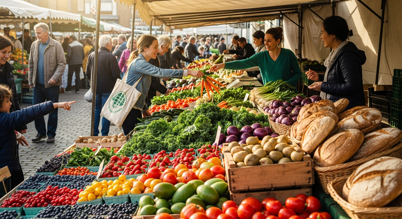 A bustling, sunlit farmer's market scene with an abundance of fresh, colorful produce like leafy greens, vibrant fruits, root vegetables, and artisan breads. Shoppers are happily interacting with vendors, embodying a community focus on healthy, whole foods.