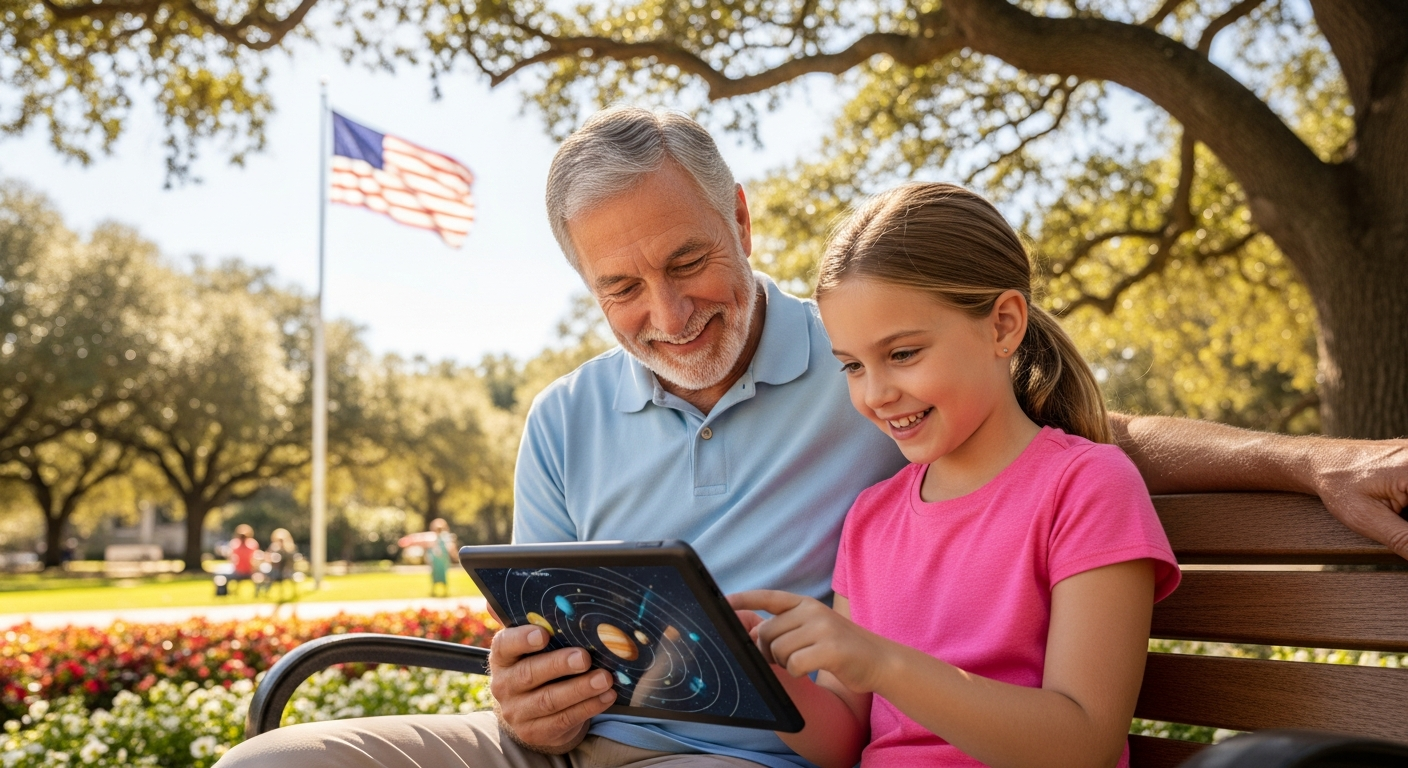 An older man and a young woman, perhaps grandfather and granddaughter, in a sunny park, intently looking at a tablet or book together, symbolizing learning something new and intergenerational connection. The background shows an American flag subtly waving in the distance.