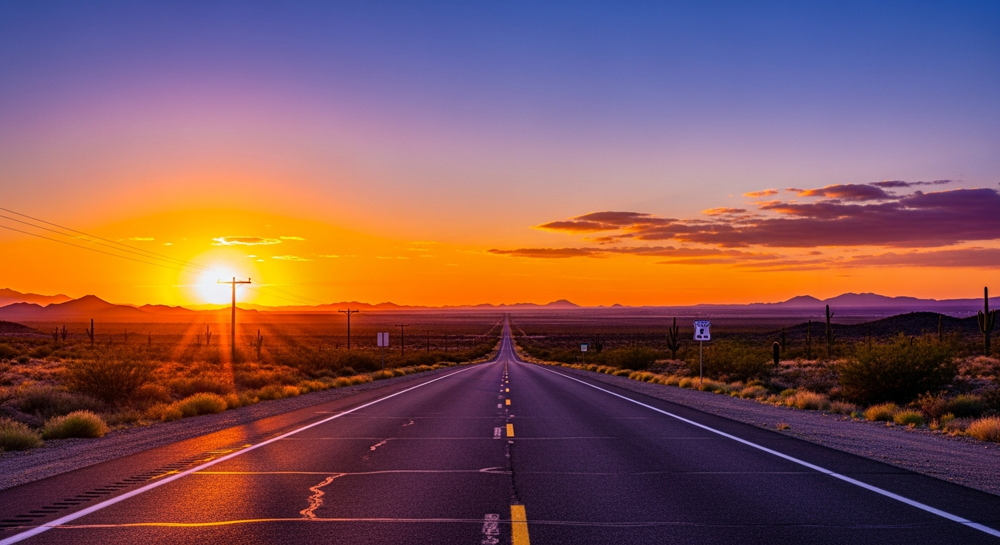 A scenic view of a vast American landscape, like a highway stretching into the horizon at sunset, symbolizing future possibilities and open roads. The focus is on hope and the journey ahead.