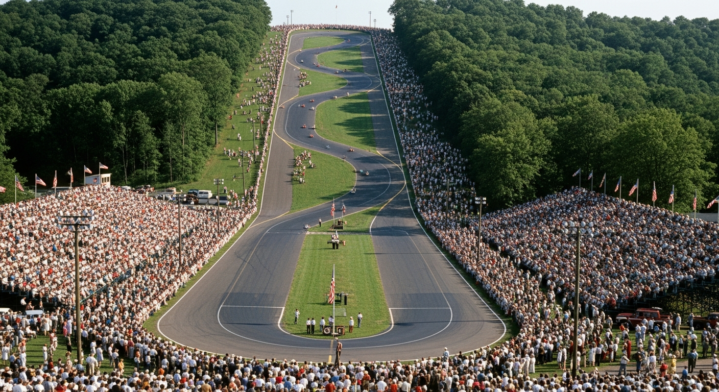 An aerial view of Derby Downs in Akron, Ohio, showing a long, paved track winding down a hill, surrounded by green trees and stands packed with cheering spectators, capturing the scale and excitement of a national race day in the 1950s. Focus on the distinct shape of the track and the vibrant atmosphere.