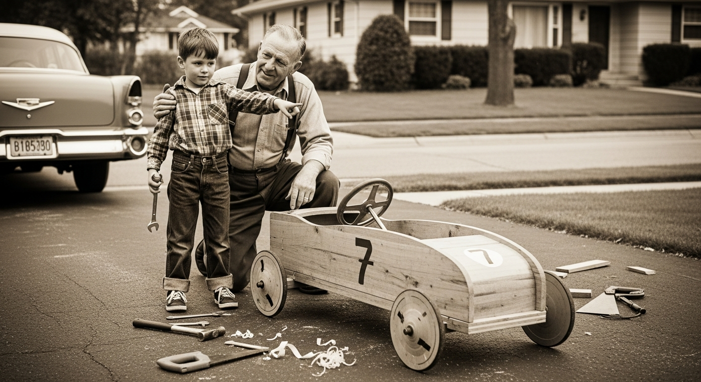 A nostalgic, sepia-toned image of a family gathered around a homemade Soap Box Derby car in a suburban driveway. A young boy proudly gestures to his wooden car, while an adult (perhaps a grandfather) looks on with a warm, encouraging smile. The scene evokes a sense of shared tradition, learning, and community spirit in mid-20th century America.