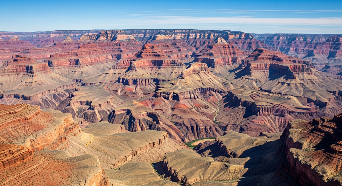 A dramatic photo looking down into the Grand Canyon, showcasing its immense depth, vibrant red and orange rock layers, and the winding Colorado River far below. Emphasize the natural, untouched beauty of the canyon, with bright sunlight highlighting geological features. No signs of human structures.