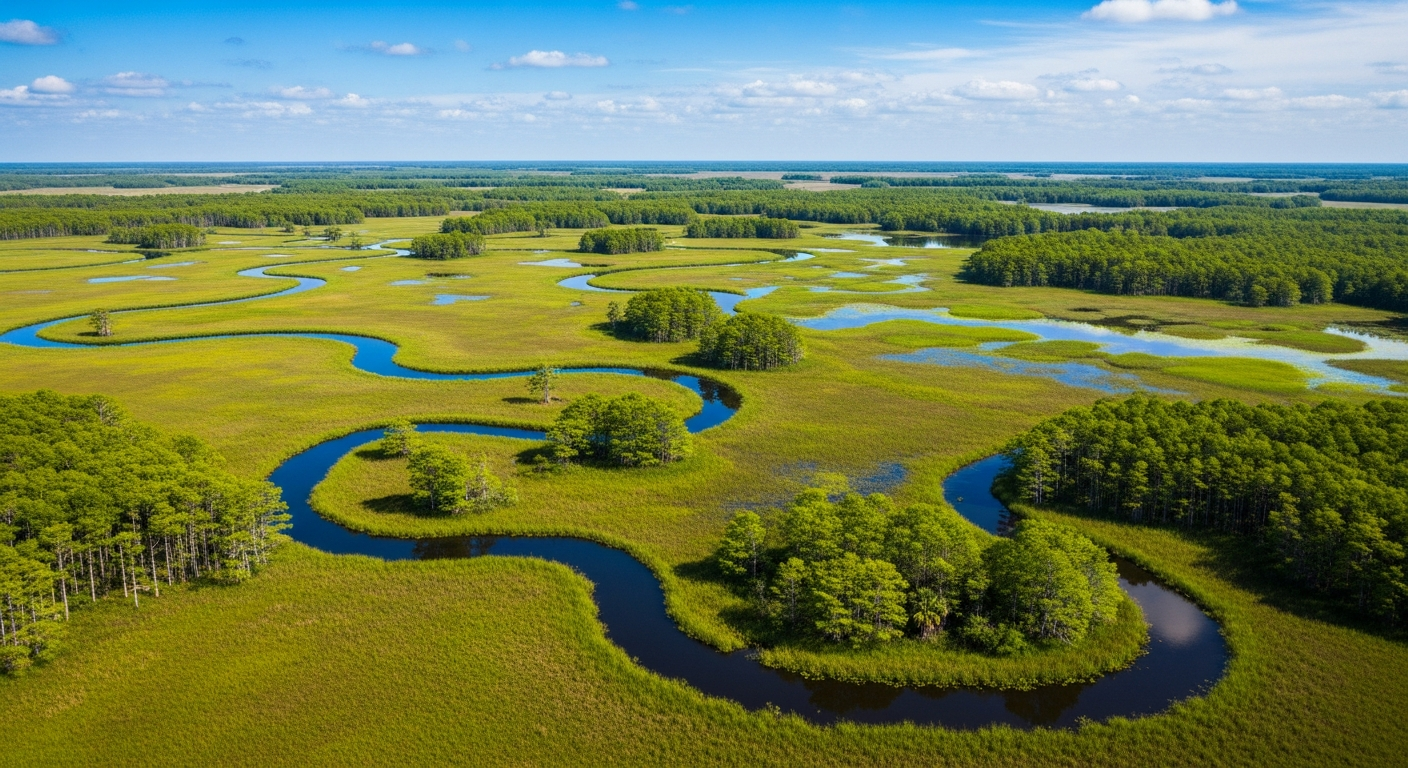 A vibrant, panoramic aerial shot of the Florida Everglades, showing the 'River of Grass' with cypress trees, sawgrass prairies, and winding water channels, under a bright blue sky. Emphasize the sense of vastness and natural beauty. Focus on the ecosystem's health and complexity rather than signs of degradation.