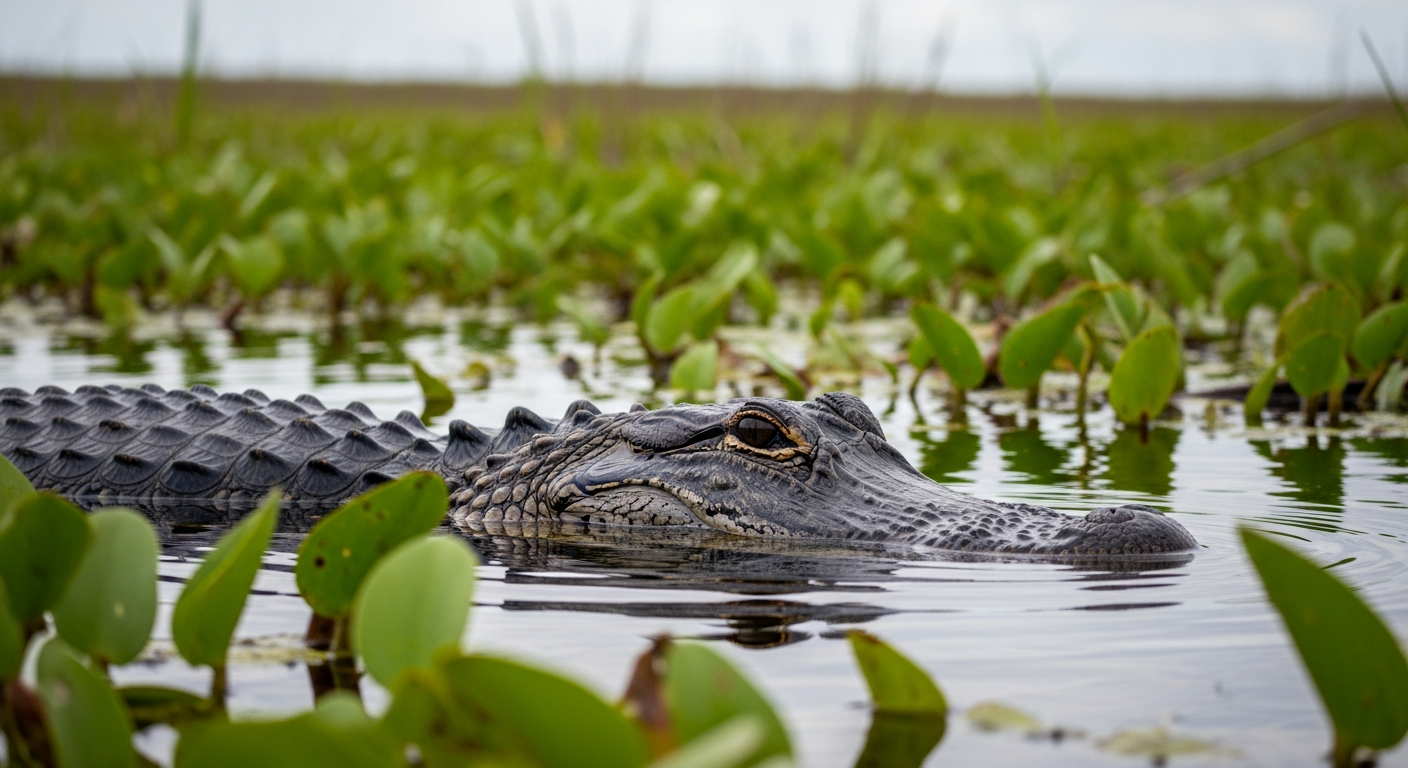 A close-up photograph of an American alligator resting partially submerged in the clear waters of the Everglades, surrounded by green foliage. The focus should be on its majestic presence, hinting at the unique biodiversity of the area. The background should be slightly blurred to keep the alligator as the central subject.