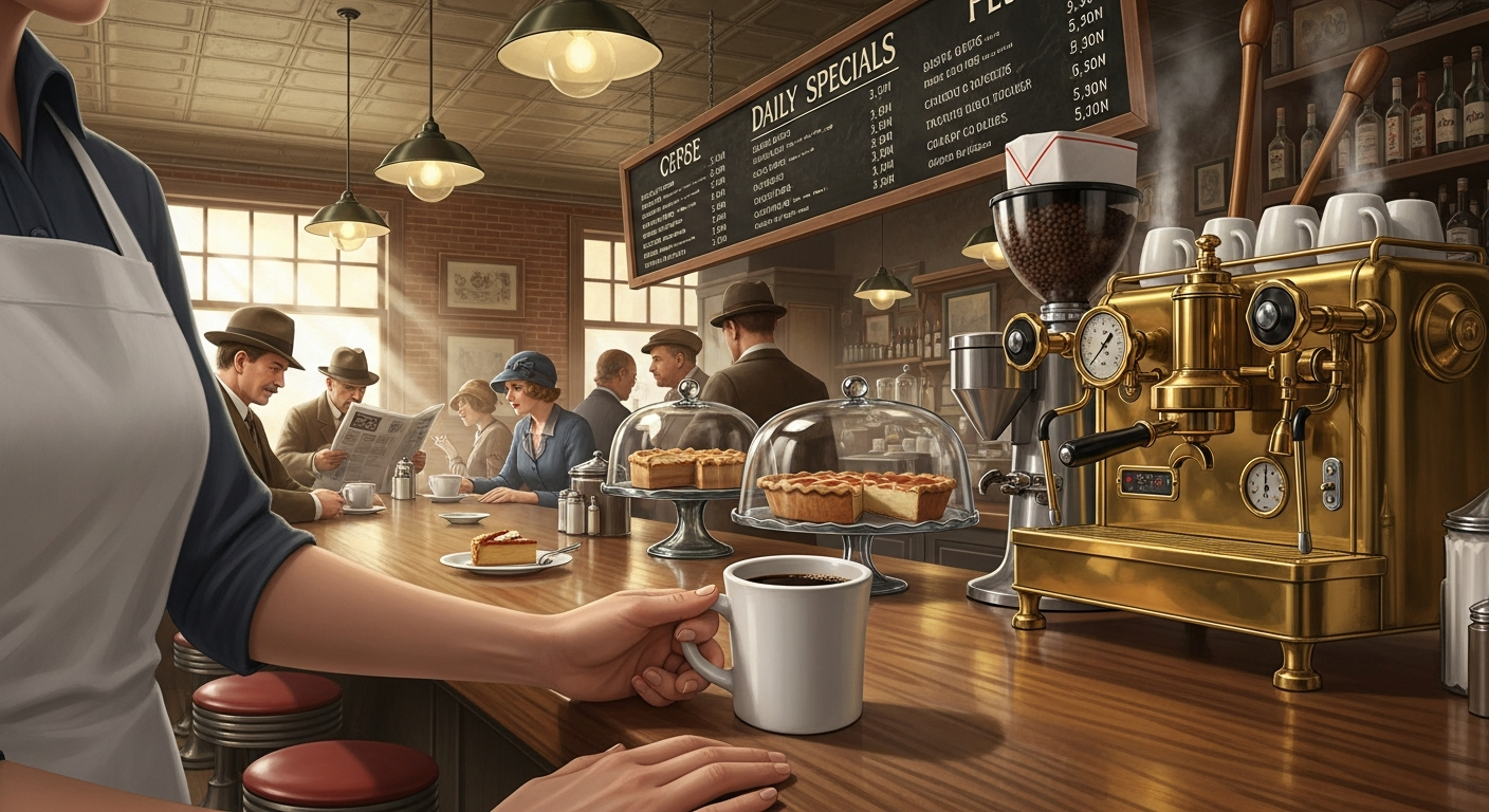 An illustration of a bustling early 20th-century American diner counter, with a focus on a server placing a heavy, simple porcelain coffee mug on a thick counter. Include details like a classic espresso machine, menu boards, and customers in period clothing. Emphasize the industrial yet cozy atmosphere.