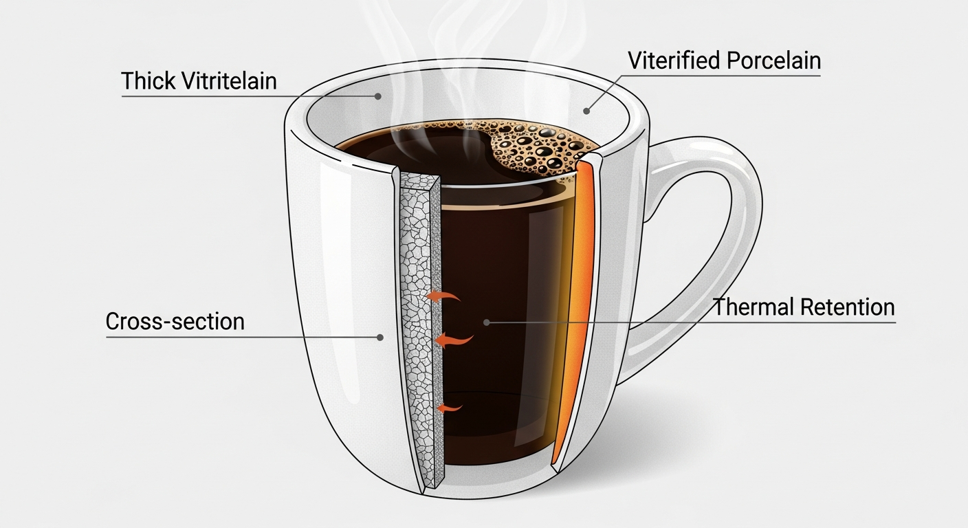 A close-up, cutaway illustration of a heavy porcelain diner mug, clearly showing its thick walls and vitrified porcelain composition. One side of the mug shows a cross-section revealing the material density, with steam visibly rising from the coffee inside. Text annotations highlighting 'Thick Vitrified Porcelain' and 'Thermal Retention' can be subtly integrated.