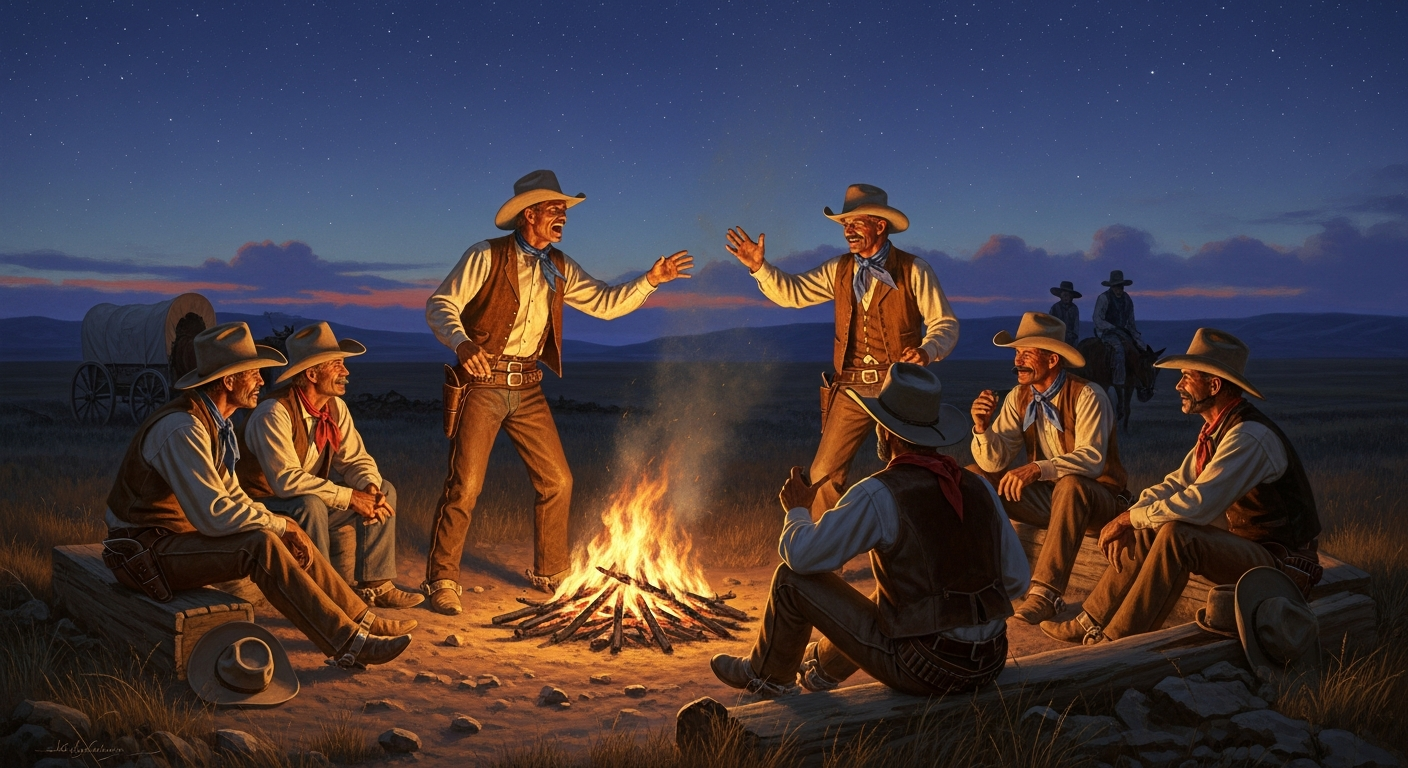 An oil painting in the style of Frederic Remington showing a group of rugged 19th-century cowboys sitting around a crackling campfire at dusk on the vast Western plains. One cowboy is animatedly telling a story, gesturing wildly, while others listen, laughing, with their hats pushed back. A chuckwagon is visible in the background, and the sky is filled with brilliant stars.