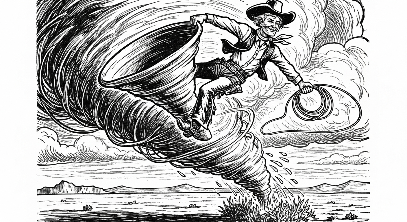 A vintage woodcut illustration depicting Pecos Bill, a larger-than-life cowboy, atop a swirling, powerful cyclone. He is holding onto its funnel like a bucking bronco, with a determined yet humorous expression. The landscape below shows a parched desert being watered by the cyclone, and Bill's lasso is visible. The style should evoke classic American folklore illustrations.