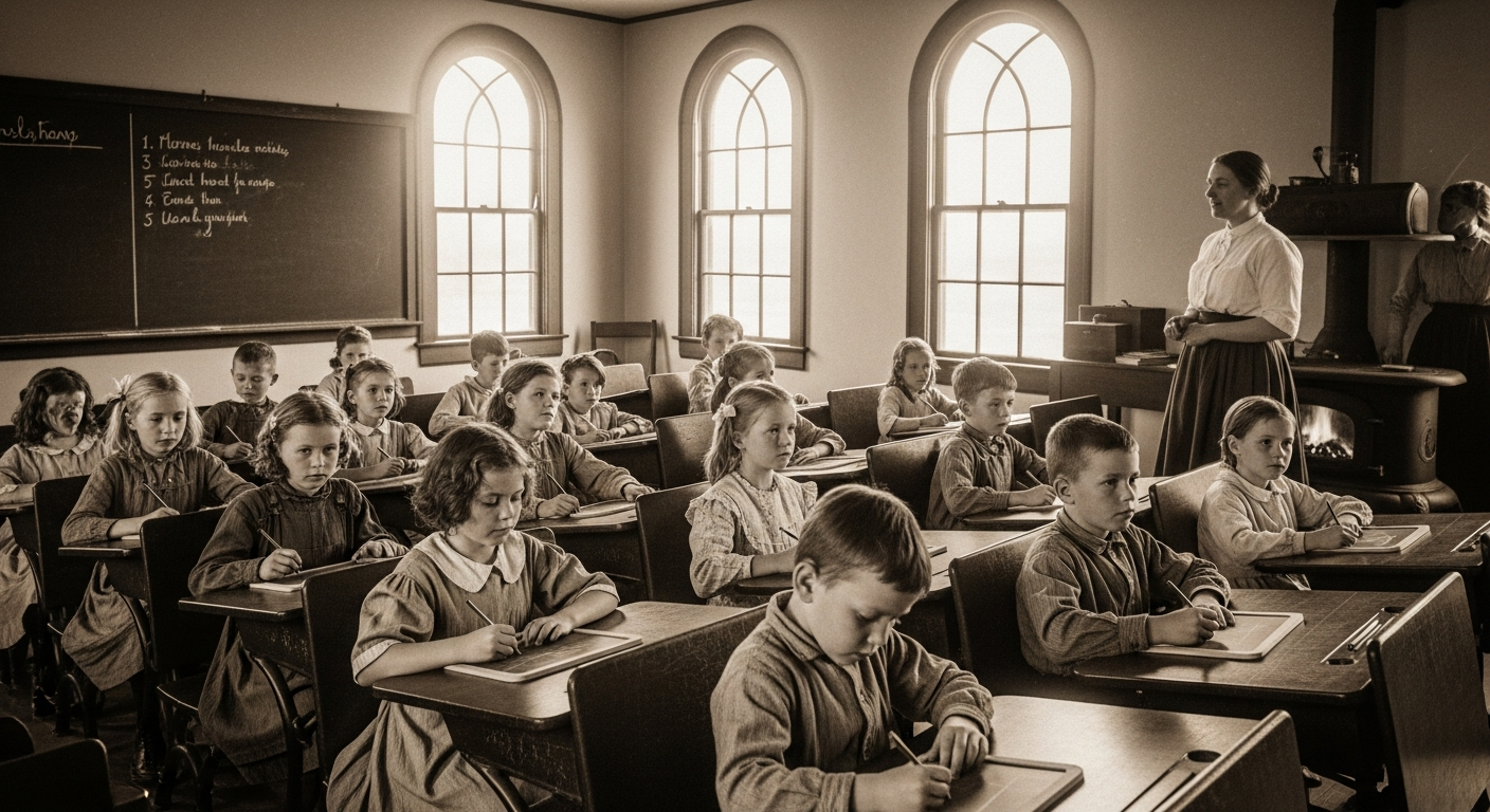 An old, sepia-toned photograph of a one-room schoolhouse with children of various ages sitting at wooden desks, some looking at a blackboard, others working on slates. A female teacher stands near a potbelly stove. The image should evoke warmth and community spirit.
