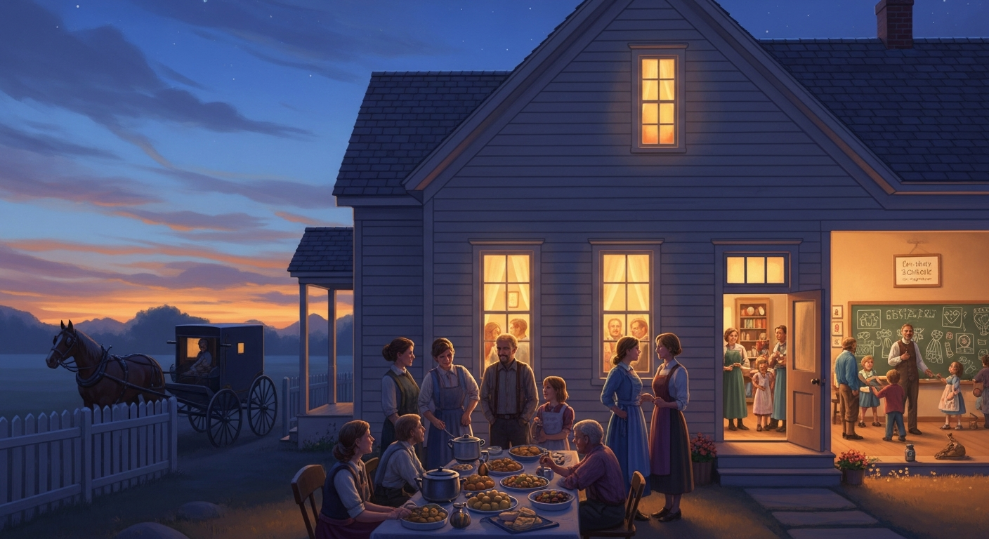 A vibrant illustration or photo depicting a one-room schoolhouse at dusk, with lights glowing inside, showing it being used for a community gathering. People are visible chatting, with a horse and buggy outside, signifying its role as a civic center.
