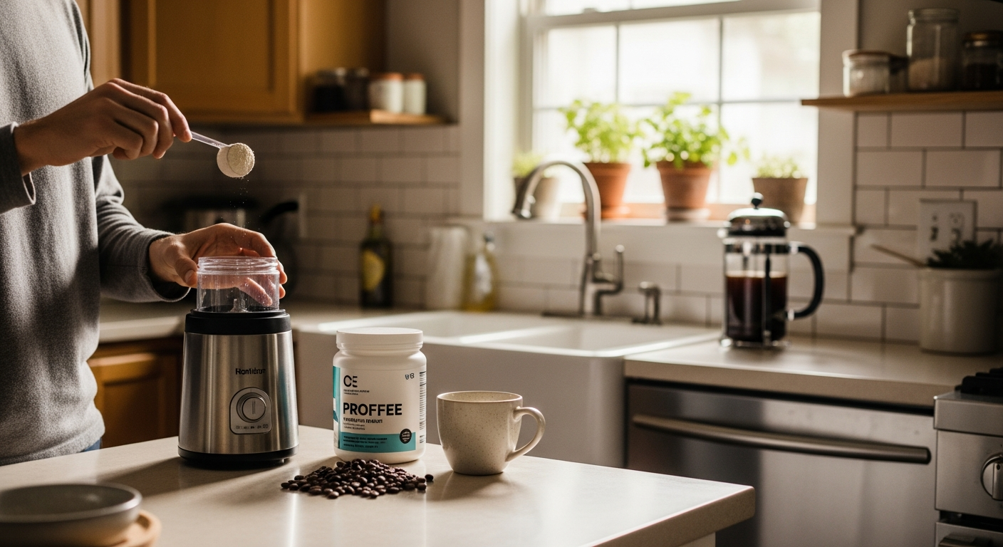 A warm, inviting kitchen scene in an American home, a person thoughtfully preparing a proffee, with ingredients like coffee beans, protein powder container, and a measuring scoop neatly arranged. Focus on natural light and a sense of calm efficiency.