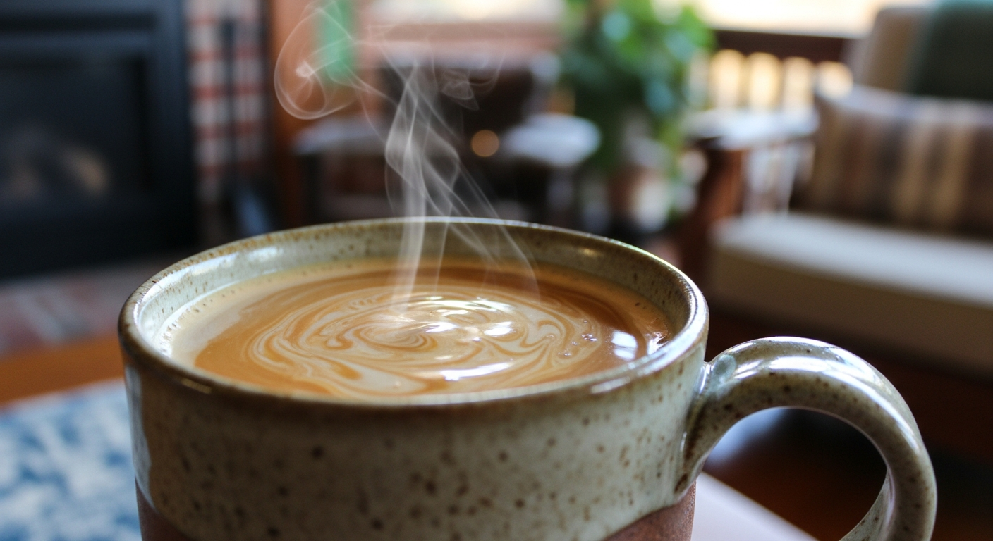 A close-up of a perfectly smooth, creamy proffee in a rustic mug, steam gently rising, with a comfortable, slightly blurred background of an American living room or porch, conveying warmth and readiness for the day.