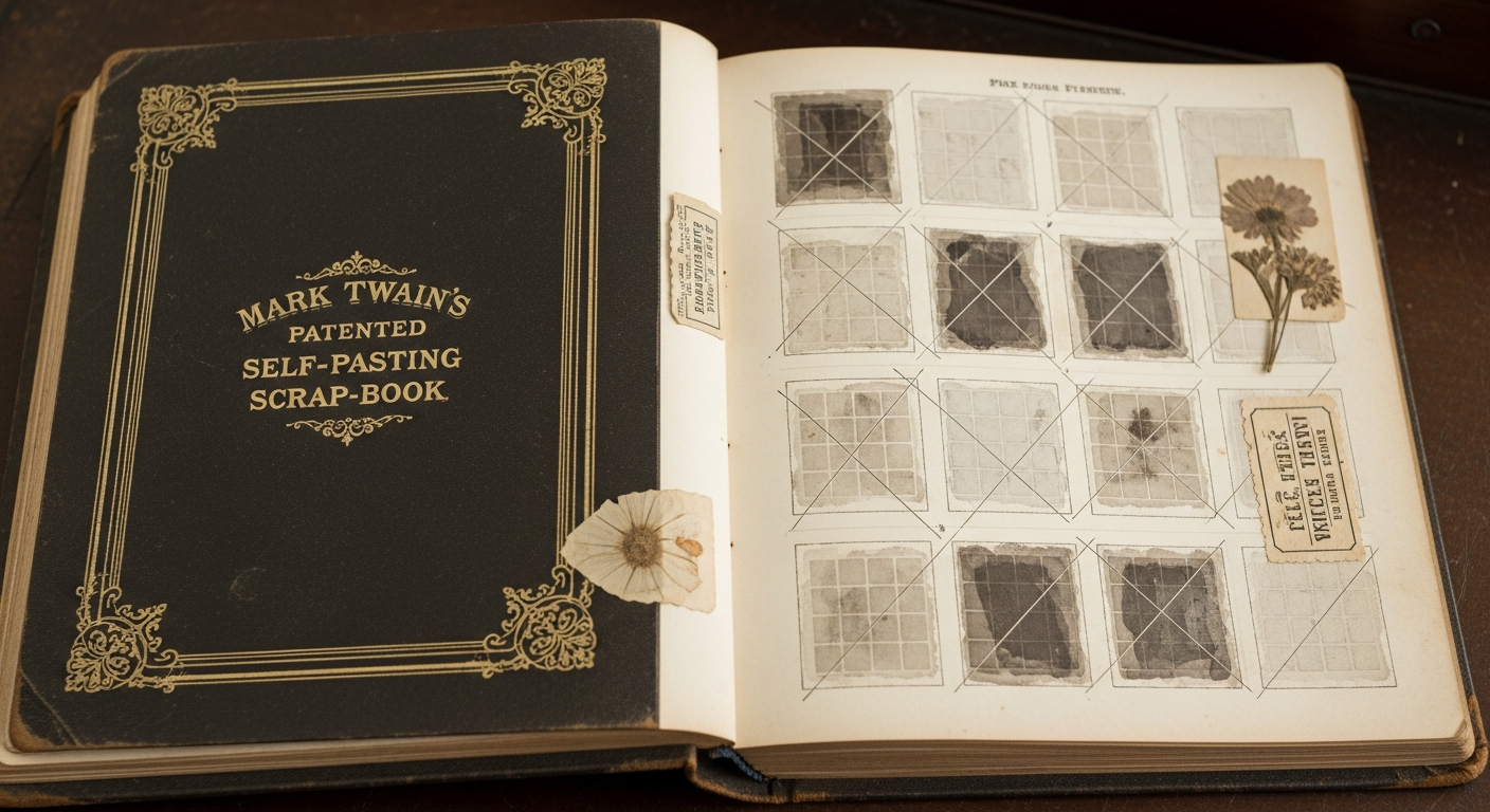 An antique image of Mark Twain's patented self-pasting scrapbook from the late 19th century, showing its innovative pre-gummed pages. The image should convey historical significance and clever design.