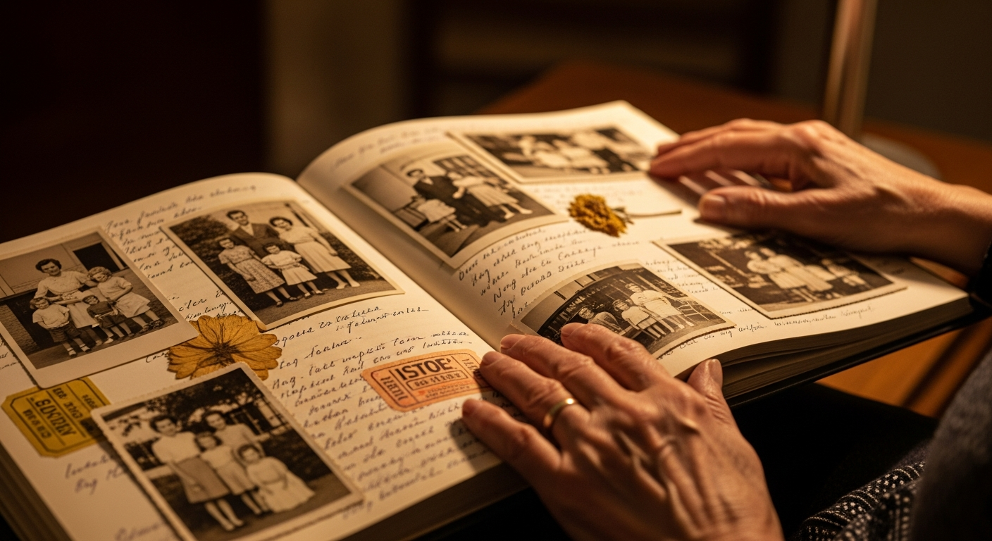 A warm, inviting photograph of an open, well-loved family scrapbook from the mid-20th century. It should show a mix of black and white photos, handwritten notes in sepia tones, and perhaps a dried flower or ticket stub, evoking a sense of nostalgia and cherished memories. The hands of an older person might be gently resting on a page.