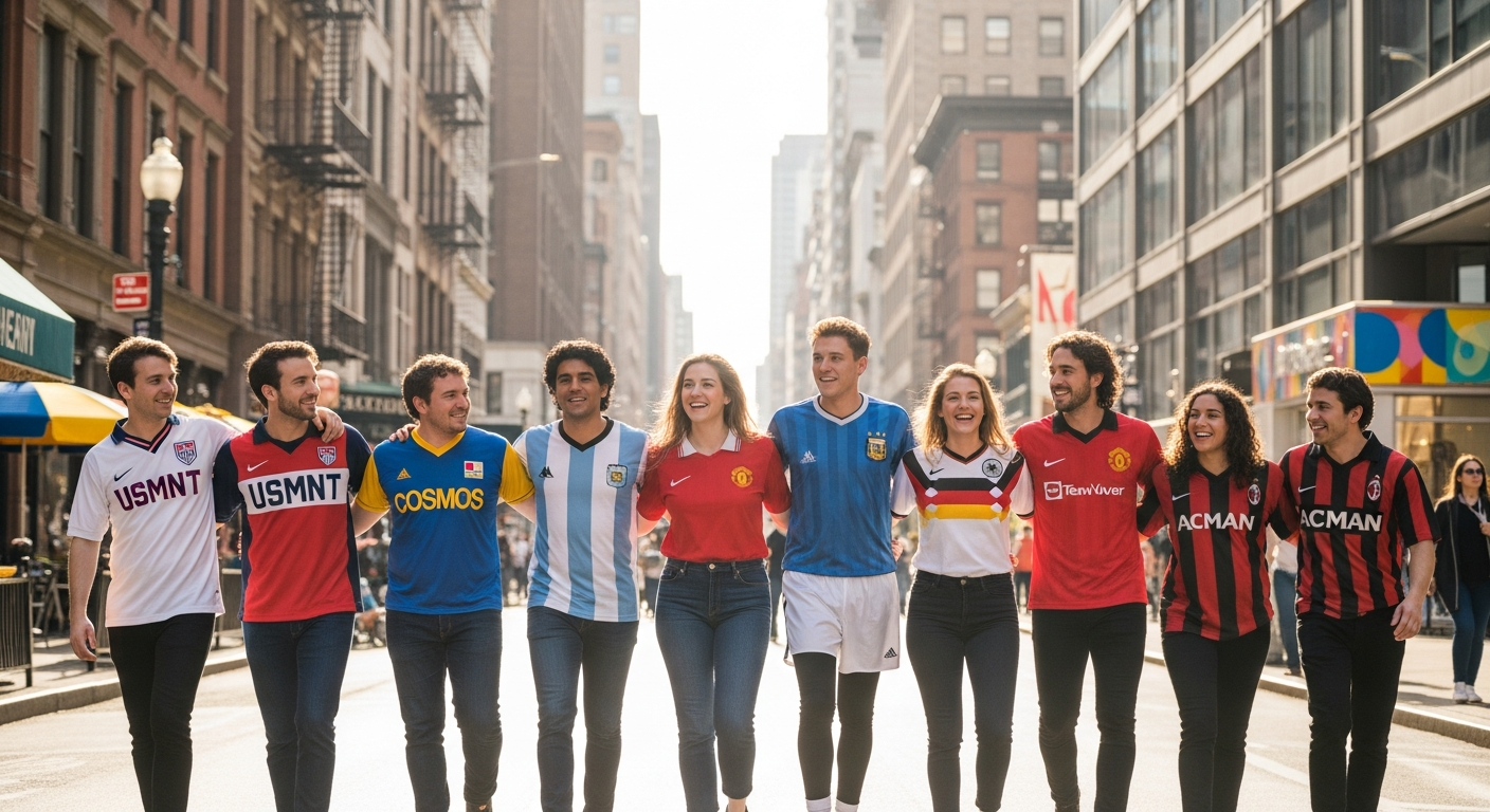 A diverse group of young Americans, proudly wearing various vintage soccer jerseys from different eras and teams, smiling and walking confidently down a vibrant, sunlit city street. The scene should exude a sense of community and casual style, with a mix of retro aesthetics and modern streetwear. Emphasize warmth and hope in their expressions.