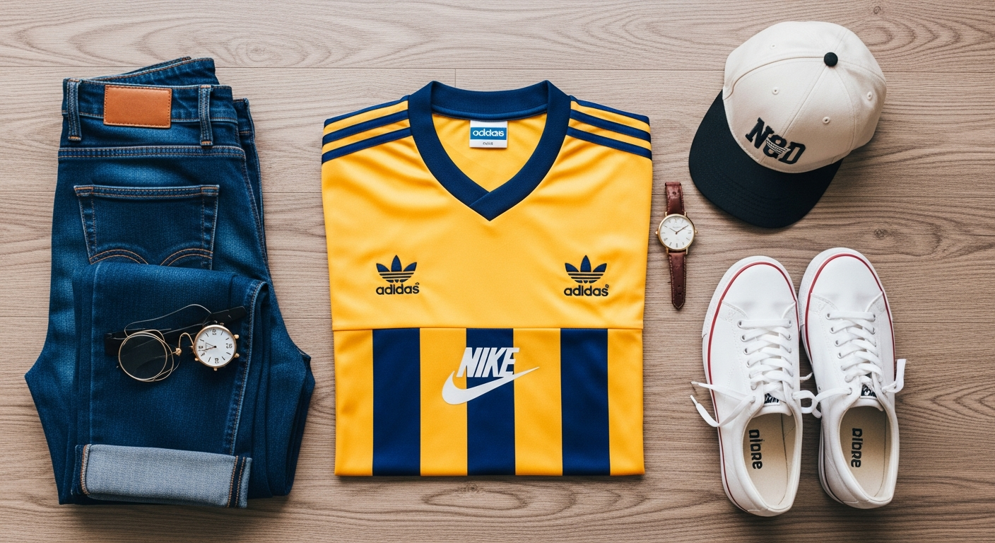 An aesthetically pleasing flat lay or styled shot featuring a classic 90s soccer jersey (perhaps vintage Adidas soccer or retro Nike soccer), paired with stylish everyday items like dark wash jeans, a pair of classic white sneakers, a vintage watch, and perhaps a casual cap. The setup should highlight how the jersey seamlessly integrates into a modern, relaxed, and fashionable outfit, showcasing its versatility beyond the pitch.