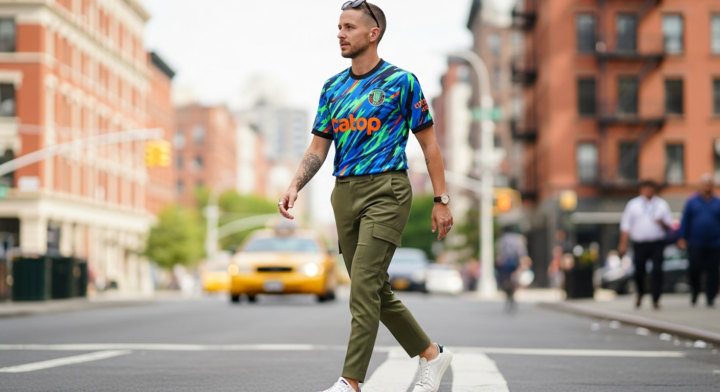 A stylish person wearing a vibrant soccer jersey, tailored olive green cargo pants, and classic low-profile sneakers, walking confidently on an urban street. The focus is on the casual yet put-together look, showcasing the blend of sport and streetwear.
