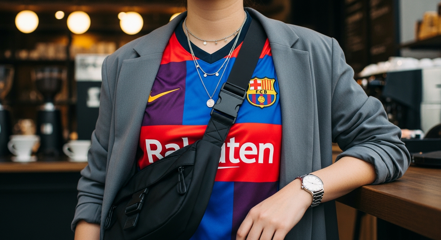 A close-up shot of a person's upper body wearing a soccer jersey layered with an open, unstructured charcoal blazer. Details include a stylish watch on the wrist, a simple layered necklace, and a modern cross-body bag worn across the chest. The setting is a chic urban cafe.