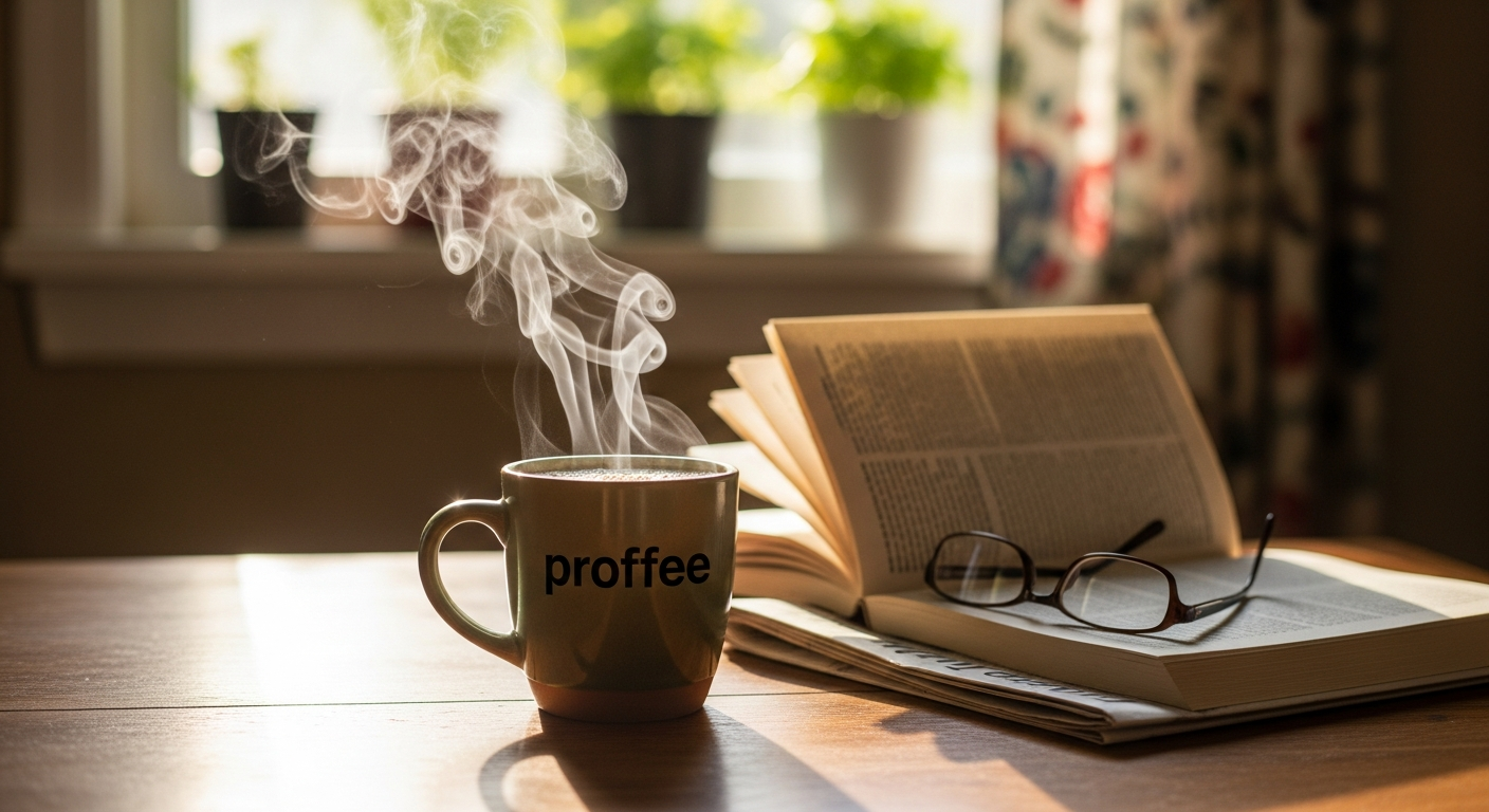 A warm, inviting image of a mug of hot proffee, steaming gently, with sunlight filtering in through a kitchen window. The mug is on a wooden table next to a daily newspaper or a book, evoking a peaceful, wholesome morning routine in an American home.