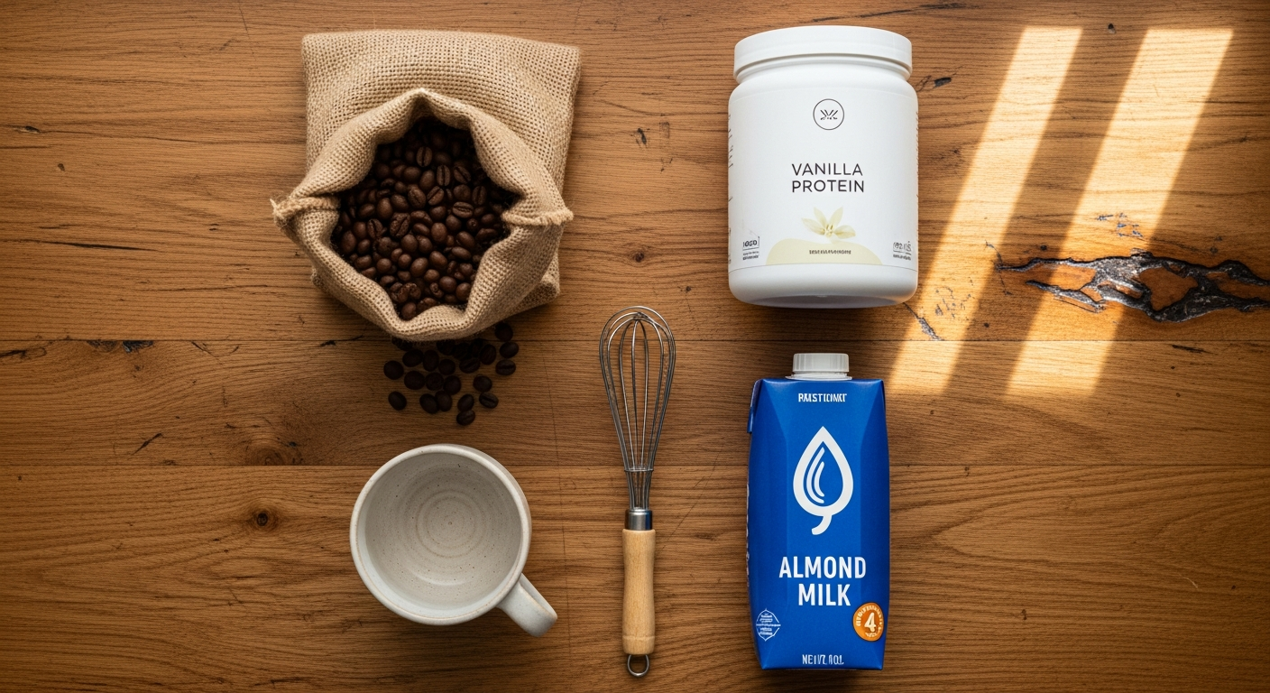 An overhead flat lay photo showcasing ingredients for proffee: a bag of whole coffee beans, a container of protein powder (maybe vanilla or unflavored), a carton of milk (dairy or plant-based), a coffee mug, and a small whisk, all arranged artfully on a rustic kitchen counter.