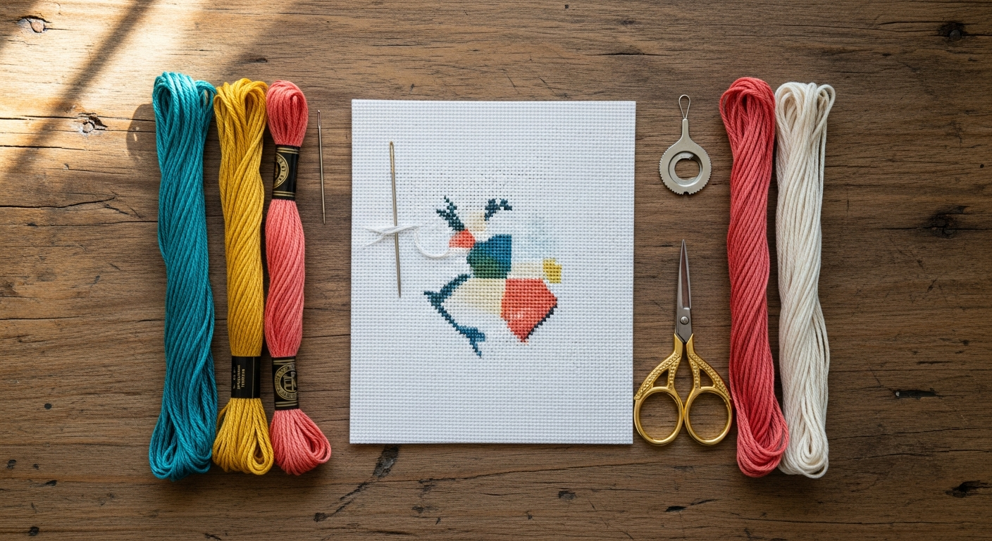 A flat lay image showing the contents of a beginner's needlepoint kit: a pre-printed canvas, several bundles of colorful wool thread, a tapestry needle, small scissors, and a needle threader, all neatly arranged on a rustic wooden table with soft, natural lighting.