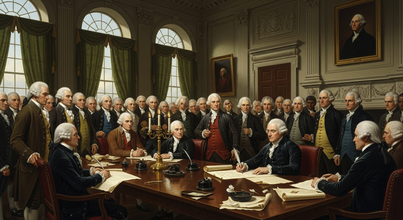 An illustration depicting the signing of the Bill of Rights in a historical setting, with diverse figures (though primarily white men of the era) observing, symbolizing the birth of codified liberties. The scene should convey a sense of gravitas and historical significance, with quill pens and parchment.