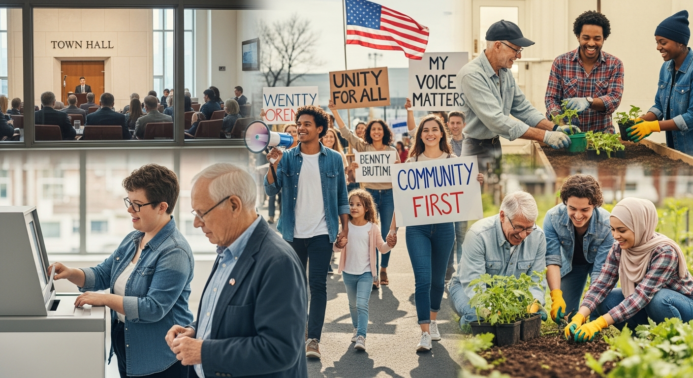 A modern, diverse group of Americans (men, women, different ethnicities, various ages) participating in civic activities – voting, peacefully protesting, volunteering in their community, attending a town hall meeting. The image should convey unity, engagement, and a hopeful, active patriotism.
