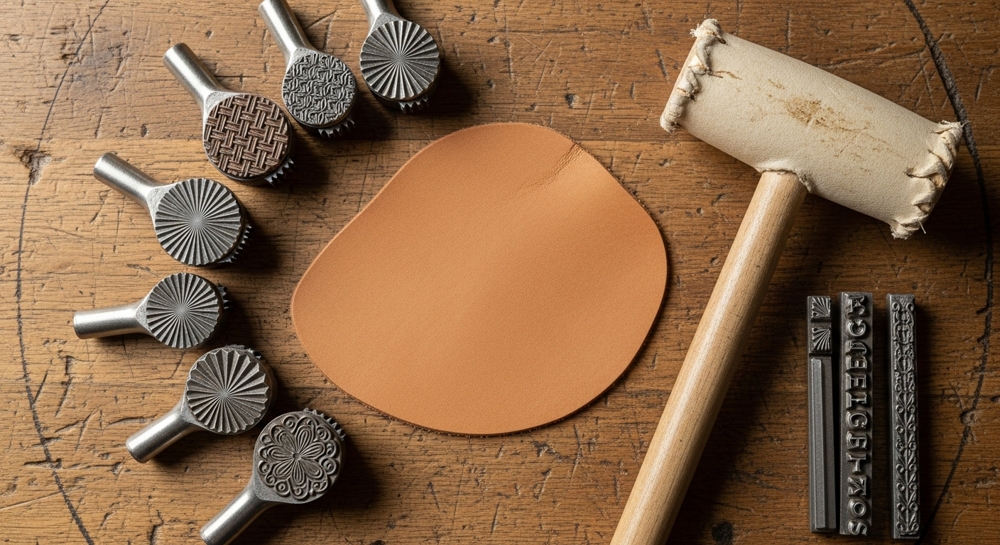 An overhead shot of various leather stamping tools laid out neatly on a workbench, alongside a small piece of vegetable-tanned leather and a rawhide mallet. Focus on the details of the different stamp heads and the texture of the leather.