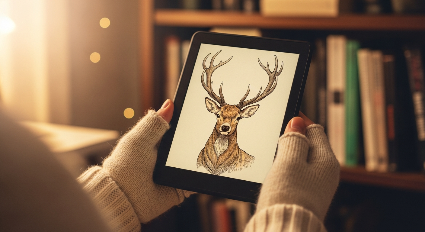 A close-up shot of an e-reader featuring a beautiful vintage deer illustration as its insert, held by hands with cozy, fingerless gloves, surrounded by soft lighting and a slightly blurred background of a book-filled shelf, emphasizing the cozy reader aesthetic and deer art booktok trend.