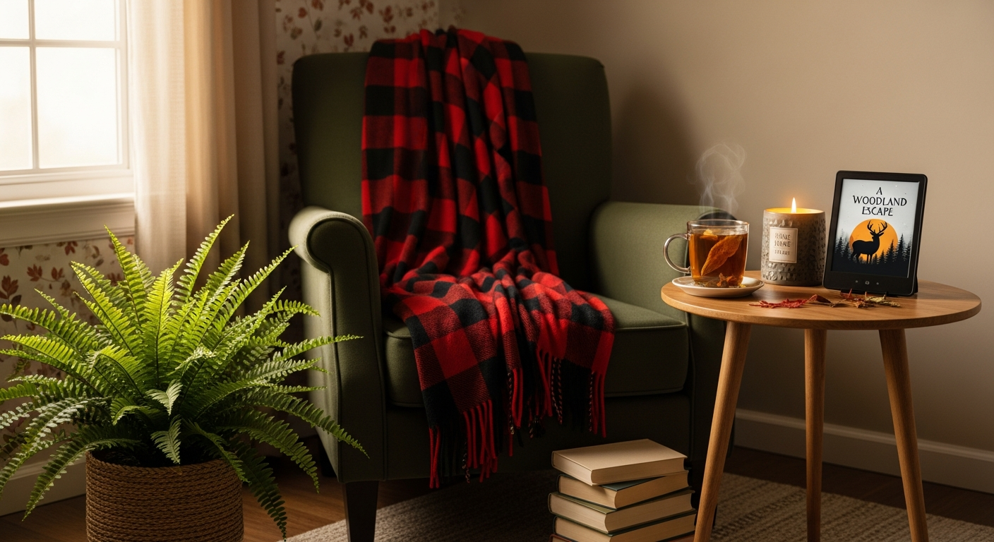 An inviting reading nook with a comfortable armchair draped in a plaid blanket. On a small side table, there's a mug of tea, a pine-scented candle, and an e-reader displaying a deer kindle insert. A potted fern sits nearby, contributing to a tranquil woodland reading aesthetic.