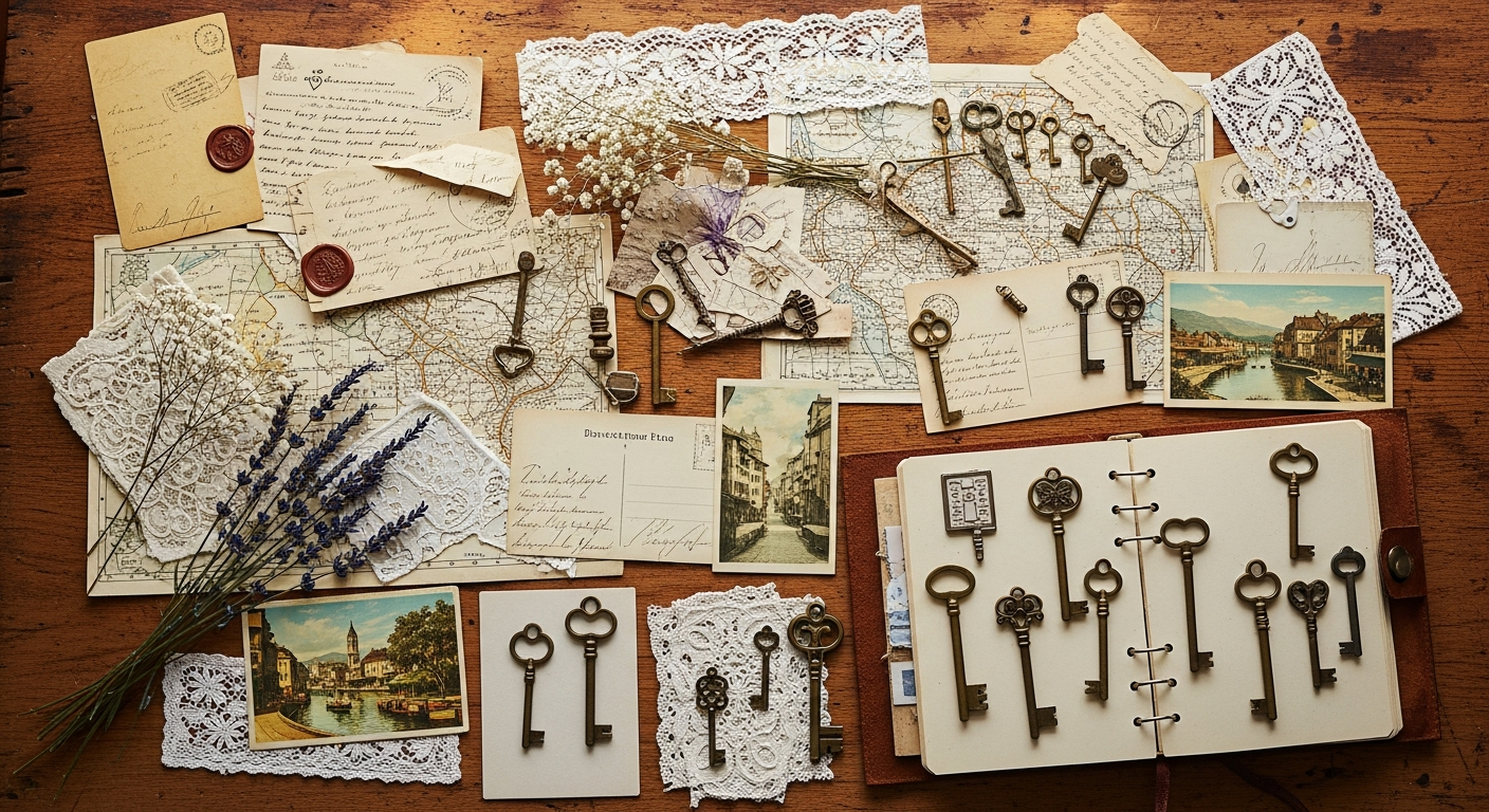 An overhead shot of various vintage ephemera artfully arranged on a wooden table, including old letters, faded maps, lace scraps, dried flowers, vintage postcards, and antique keys, all waiting to be incorporated into a junk journal. The lighting is warm and inviting.