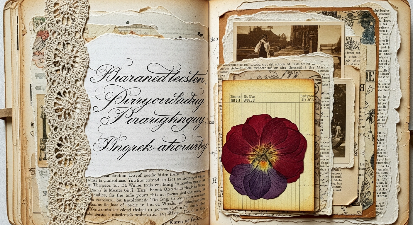 A close-up of an open, finished junk journal page. The page features multiple layers of vintage paper, a pressed flower, some handwritten script, a small old photo, and a piece of lace peeking out. The aesthetic is warm, inviting, and shows rich texture. Focus on the tactile quality of the materials.