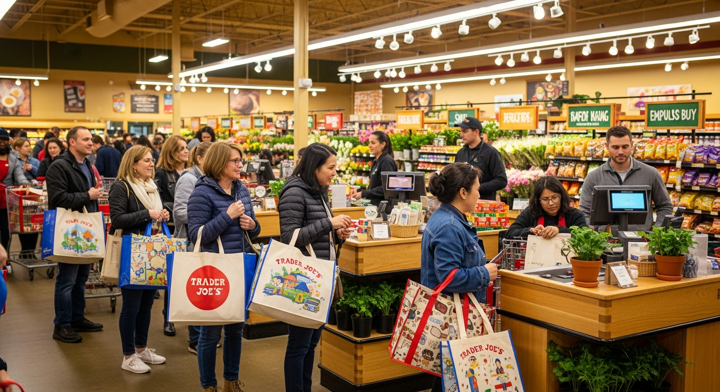 A busy, vibrant Trader Joe's store interior, focusing on the checkout lines where customers are holding various Trader Joe's tote bags, including some mini totes. The atmosphere is friendly and bustling.