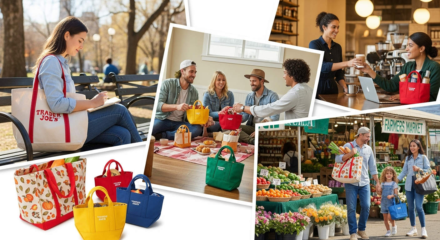 A collage showing different styles of Trader Joe's tote bags – the classic large canvas tote, a few colors of the mini tote, and perhaps a seasonal design. People are seen using them in diverse, everyday American settings like a park, a coffee shop, and a local farmers market, highlighting the 'trader joes fashion' aspect.