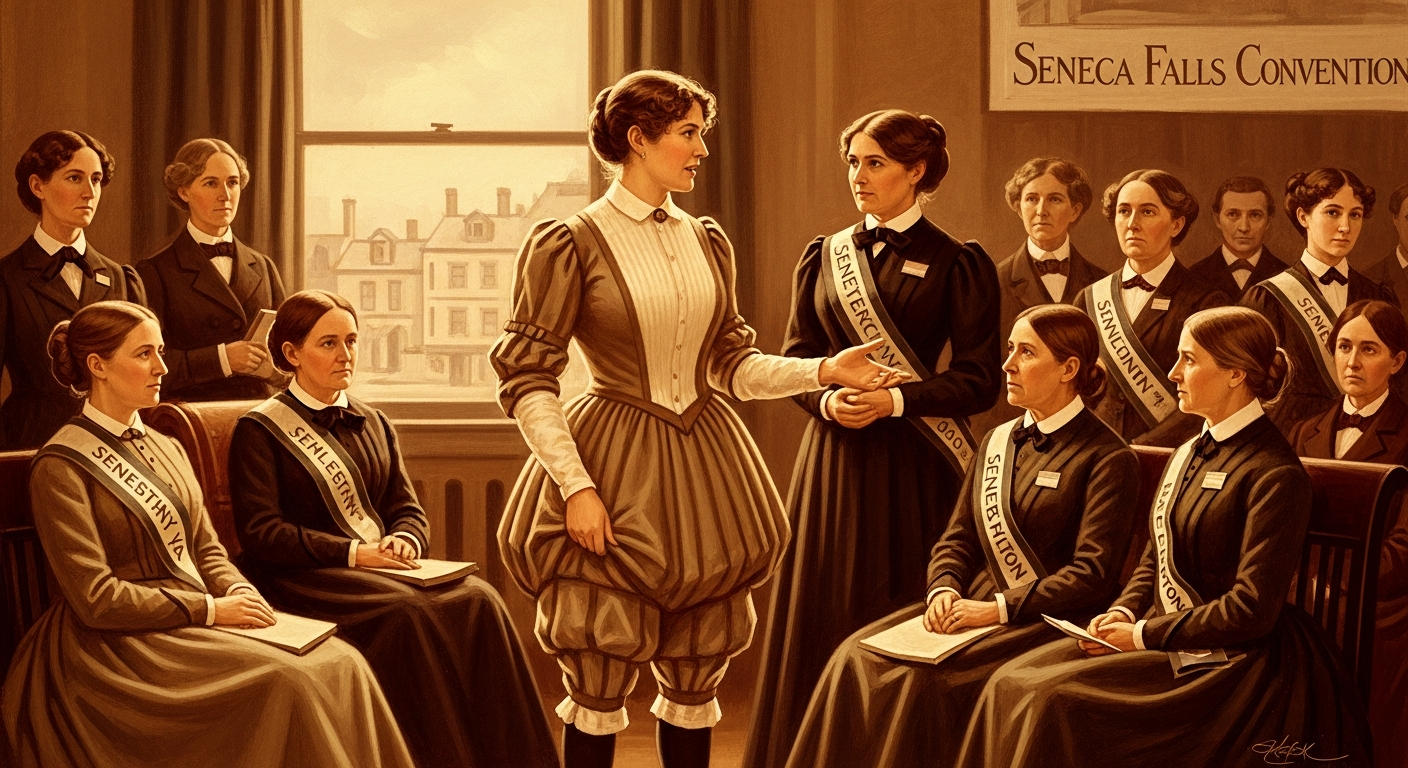 An illustration or painting depicting Amelia Bloomer in her bloomer costume, surrounded by other prominent suffragists like Elizabeth Cady Stanton and Susan B. Anthony, engaged in lively discussion, perhaps at a gathering in Seneca Falls. The background should hint at a domestic setting or a reform meeting, with a warm, slightly sepia-toned aesthetic.