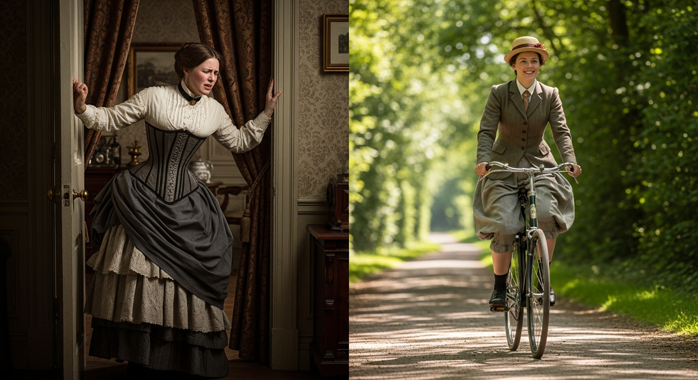 A side-by-side comparison image: on one side, a 19th-century woman struggling with heavy, voluminous Victorian attire (corset, multiple petticoats), looking uncomfortable; on the other side, a woman in a bloomer costume, confidently and freely riding a bicycle or walking briskly in a pleasant outdoor setting. The image should convey the stark difference in mobility and comfort.