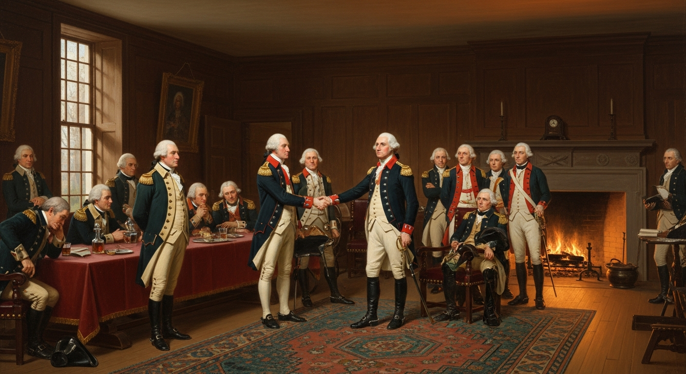 An oil painting depicting General George Washington bidding farewell to his officers in the Long Room of Fraunces Tavern, with officers gathered around him, some visibly emotional, in a historic, warmly lit room. The scene should convey solemnity and historical significance.