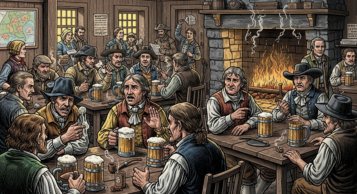 An illustration of a bustling colonial American tavern scene, filled with diverse patrons (farmers, merchants, artisans) gathered around wooden tables, engaged in lively political debate over pints of ale and cider. The atmosphere should be convivial but earnest, with smoke curling from pipes and focused expressions.